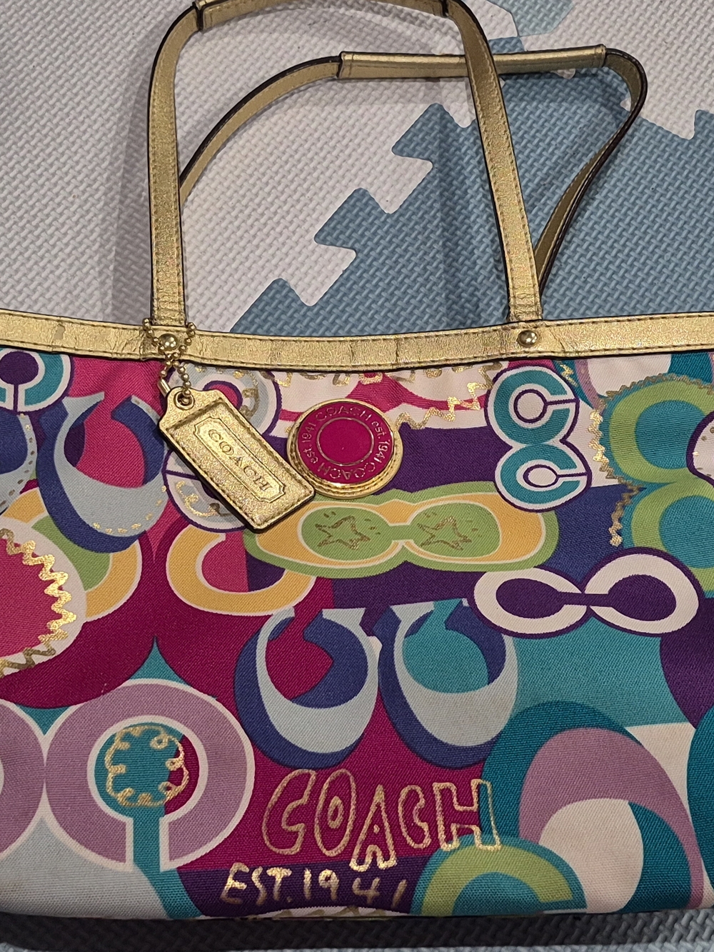 Coach Tote Purse F19434 Poppy C Signature Print Gold Trim Rainbow Graffiti